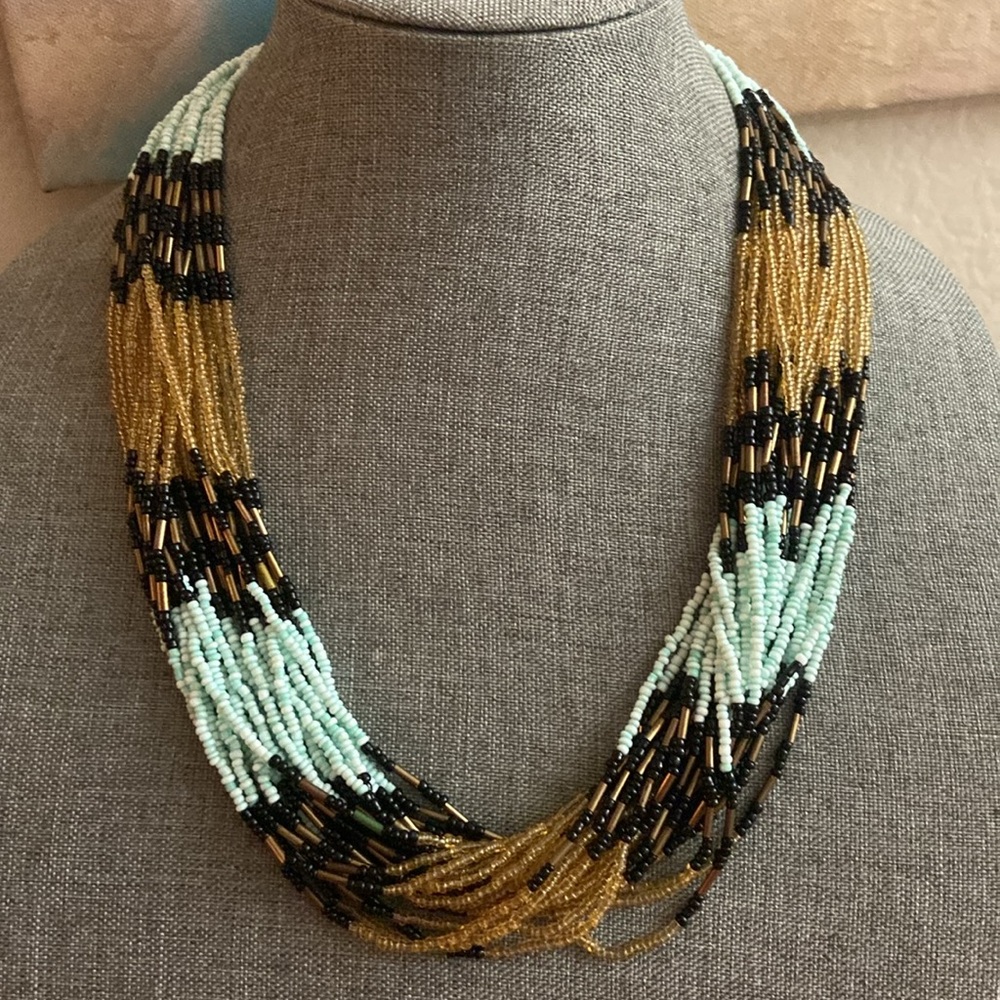 Vintage 80s 24 Strands of Aqua Gold & Black Glass Seed Beads Necklace - Picture 4 of 5